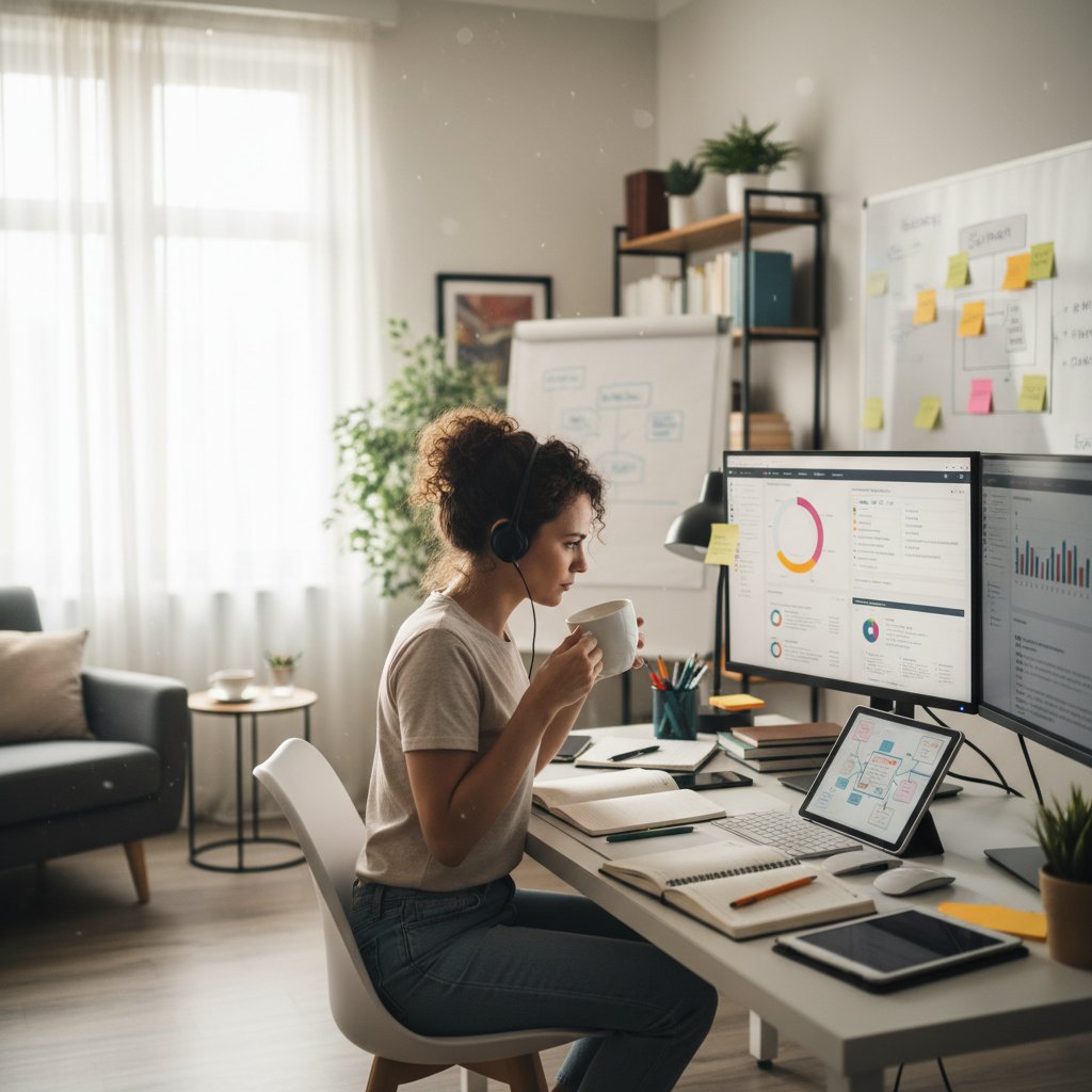 Freelancer korzystający z narzędzia do analizy treści w domowym biurze, skupienie