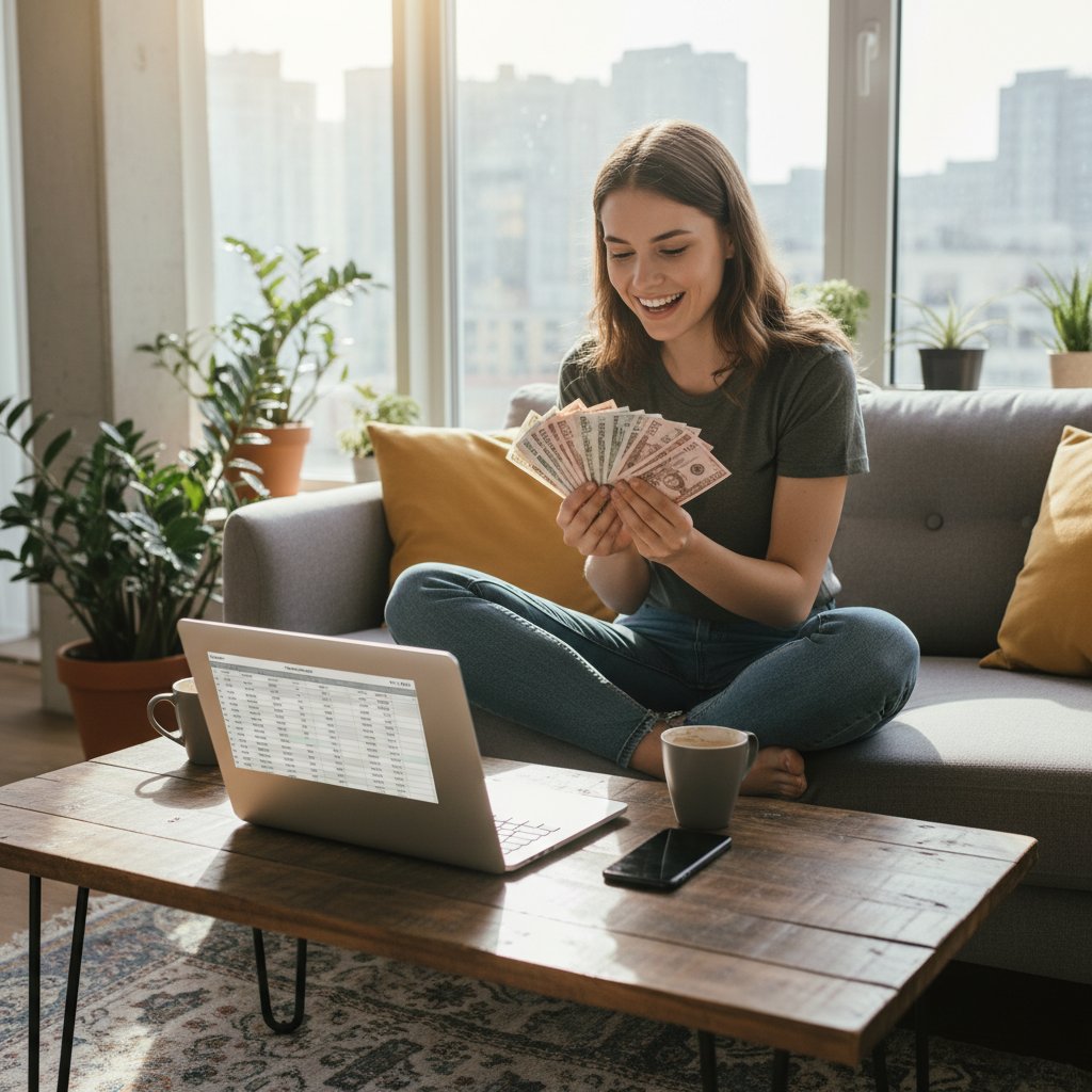 Freelancer liczący pieniądze przy laptopie, stosy rachunków wokół