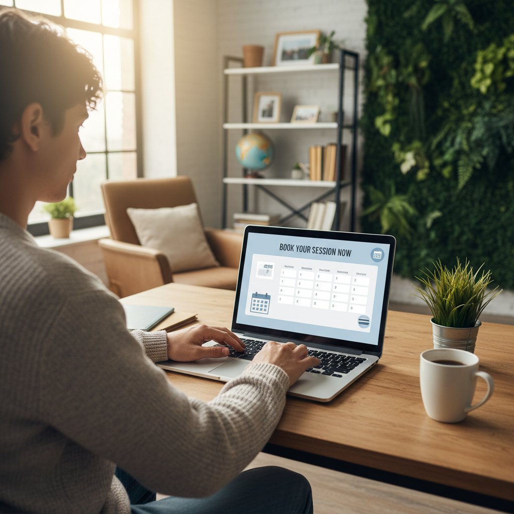 Freelancer pracujący z laptopem, planujący spotkania online w domowym biurze