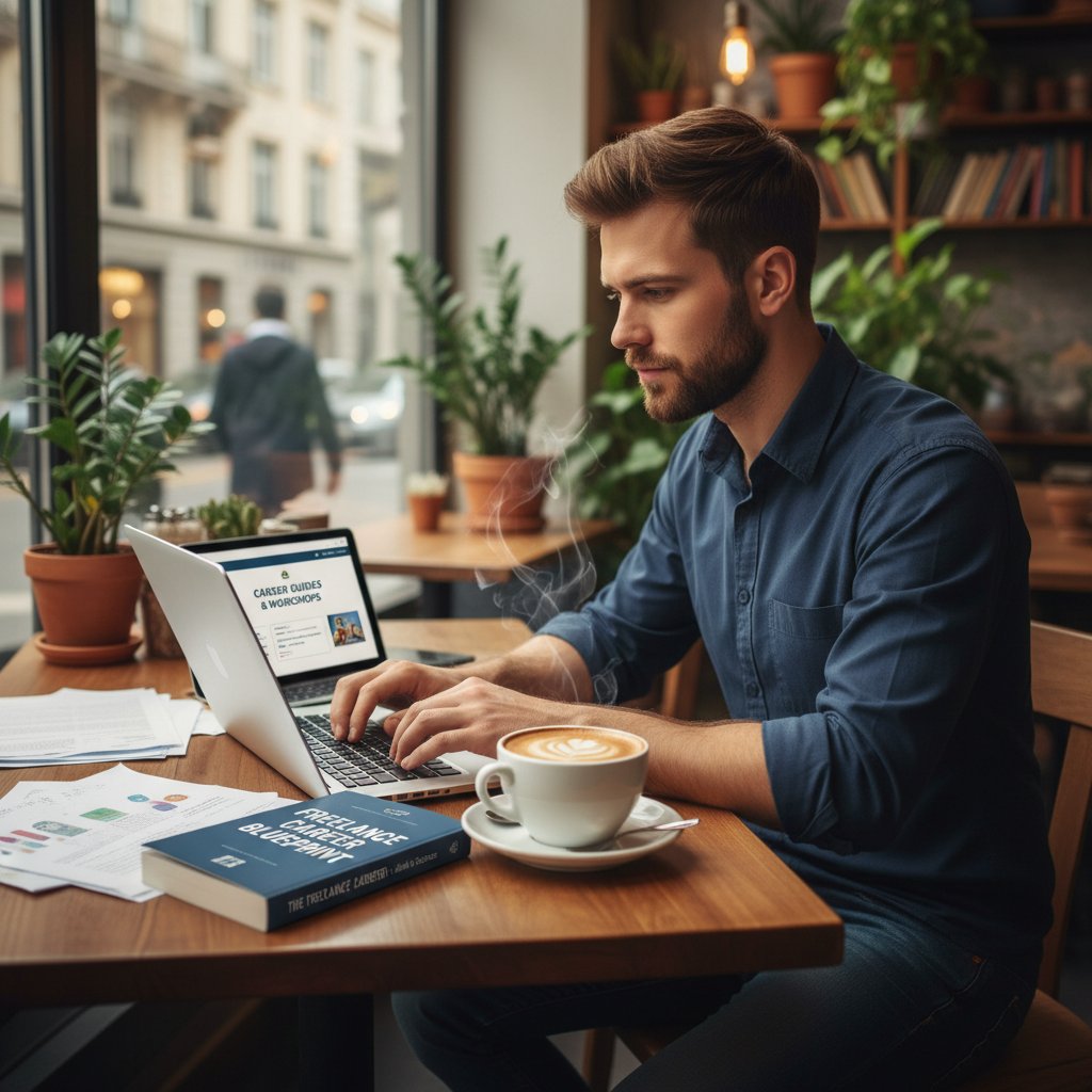 Mężczyzna pracujący zdalnie jako freelancer, laptop, dynamiczne otoczenie kawiarni