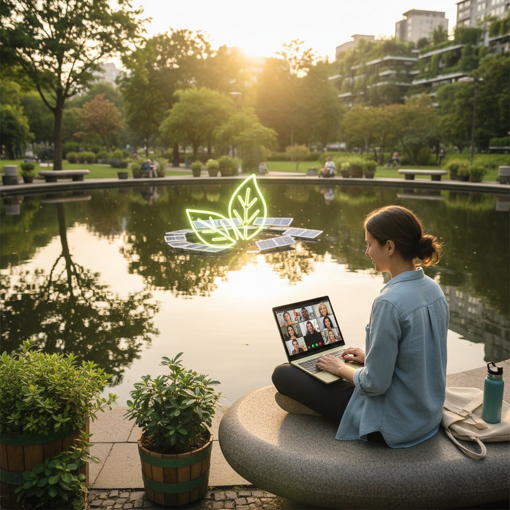 Selbstständige Person nach Beratung im Park, entspannt, reflektiert, Laptop im Rucksack, Nachhaltigkeit sichtbar