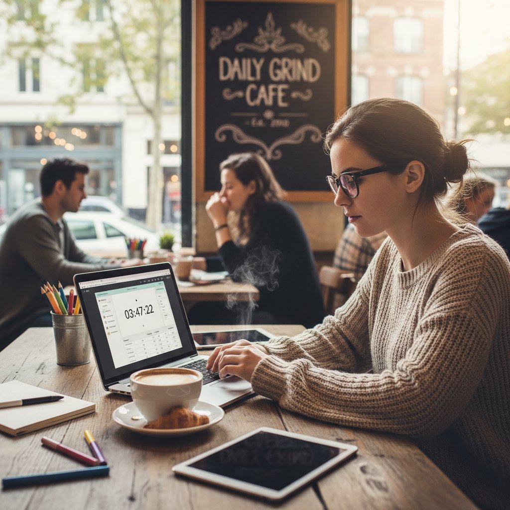 Freelancer liczy godziny pracy w warszawskiej kawiarni, zdeterminowany klimat zdjęcia