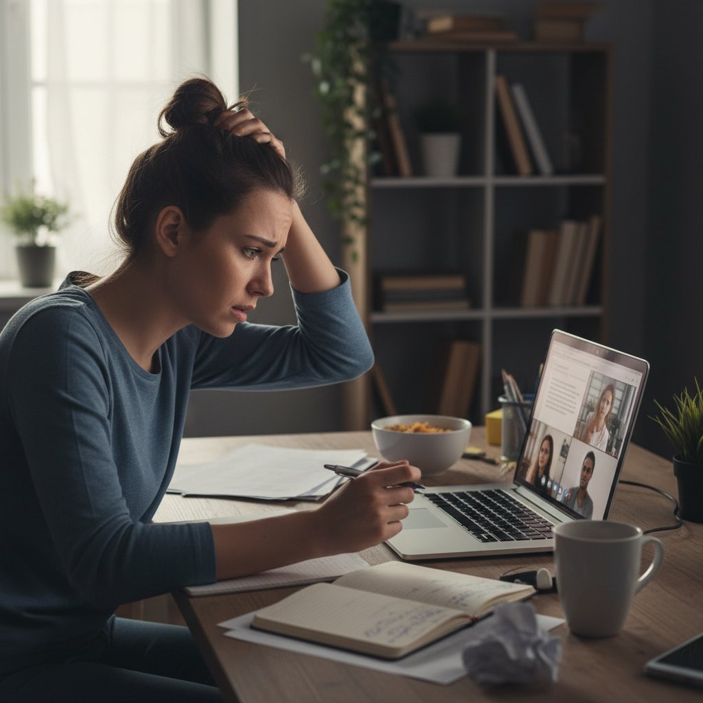 Freelancer z laptopem na kolanach, wyraźnie skupiony i lekko zestresowany przed rozmową wideo