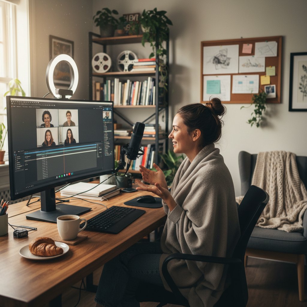 Freelancer podczas wideokonferencji, domowe biuro, technologia, praca zdalna