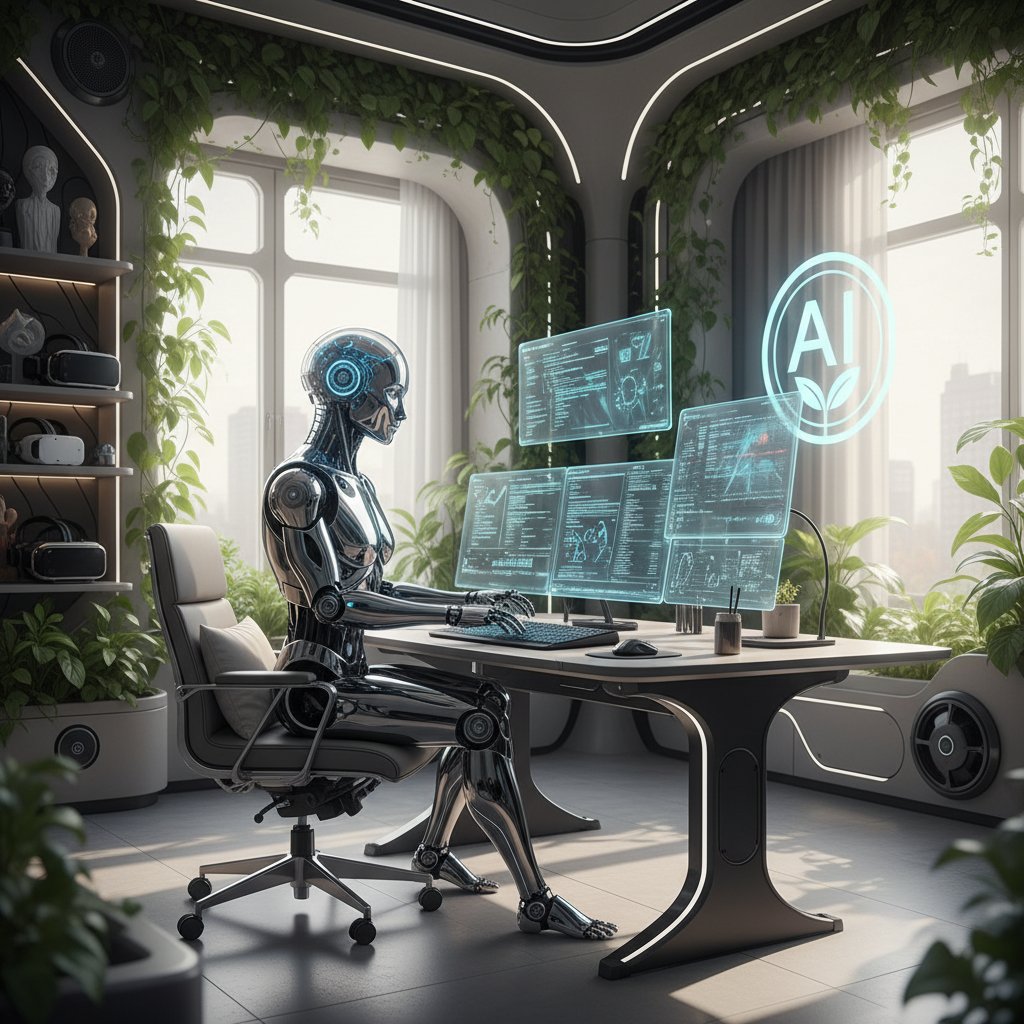 Freelancerka pracująca z AI, dynamiczna scena domowego biura