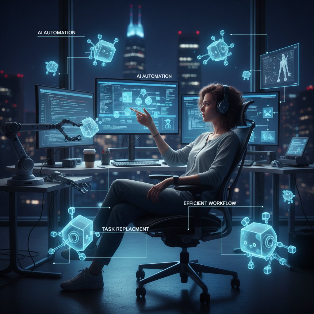 Freelancer working late in a dimly-lit room, digital assistants and screens showing automation replacing manual tasks