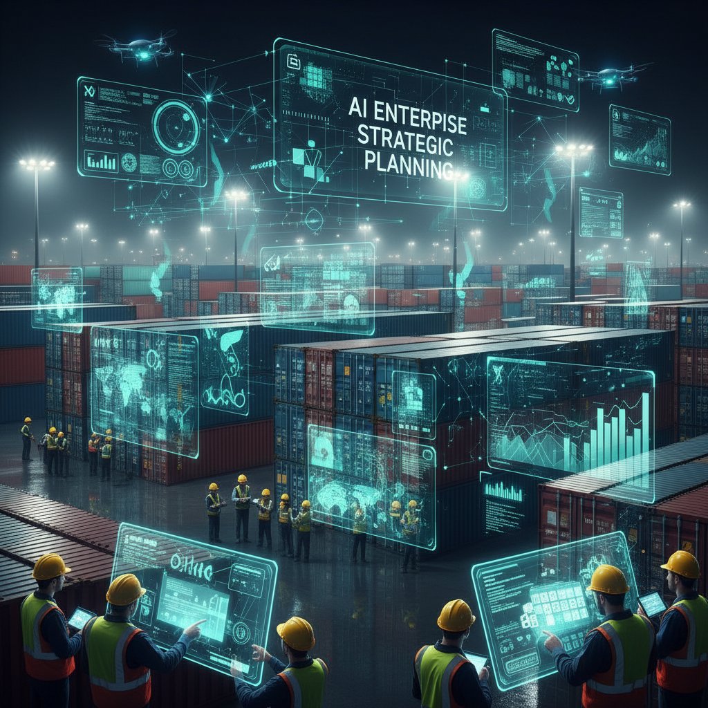 Freight yard at night with digital overlays on containers and teams scanning tablets, representing AI enterprise strategic planning in logistics