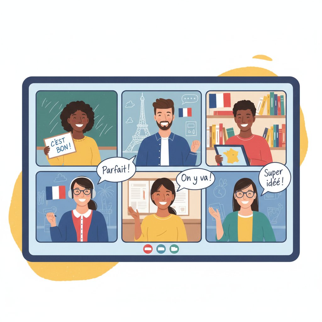 Uczniowie języka francuskiego podczas spotkania online, uśmiechnięci, współpracujący, wymiana doświadczeń