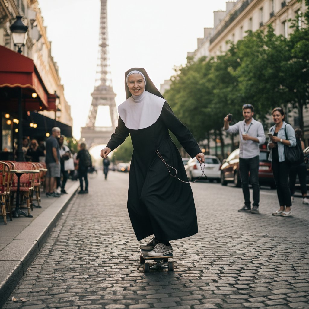 Nun in habit skateboarding, Paris backdrop, playful mood, French nun skateboarding through city streets