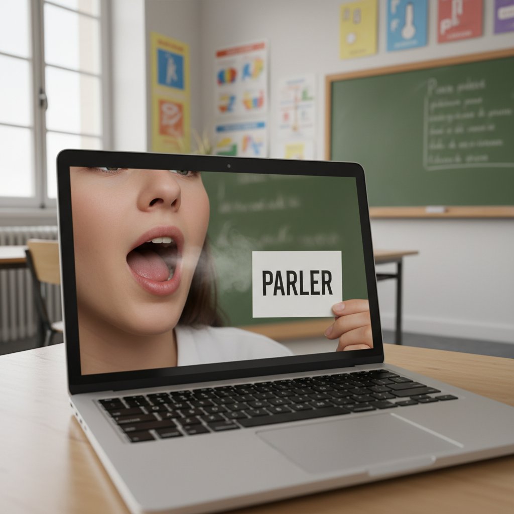 Osoba ćwicząca wymowę francuską przed laptopem i lusterkiem, z widocznym skupieniem