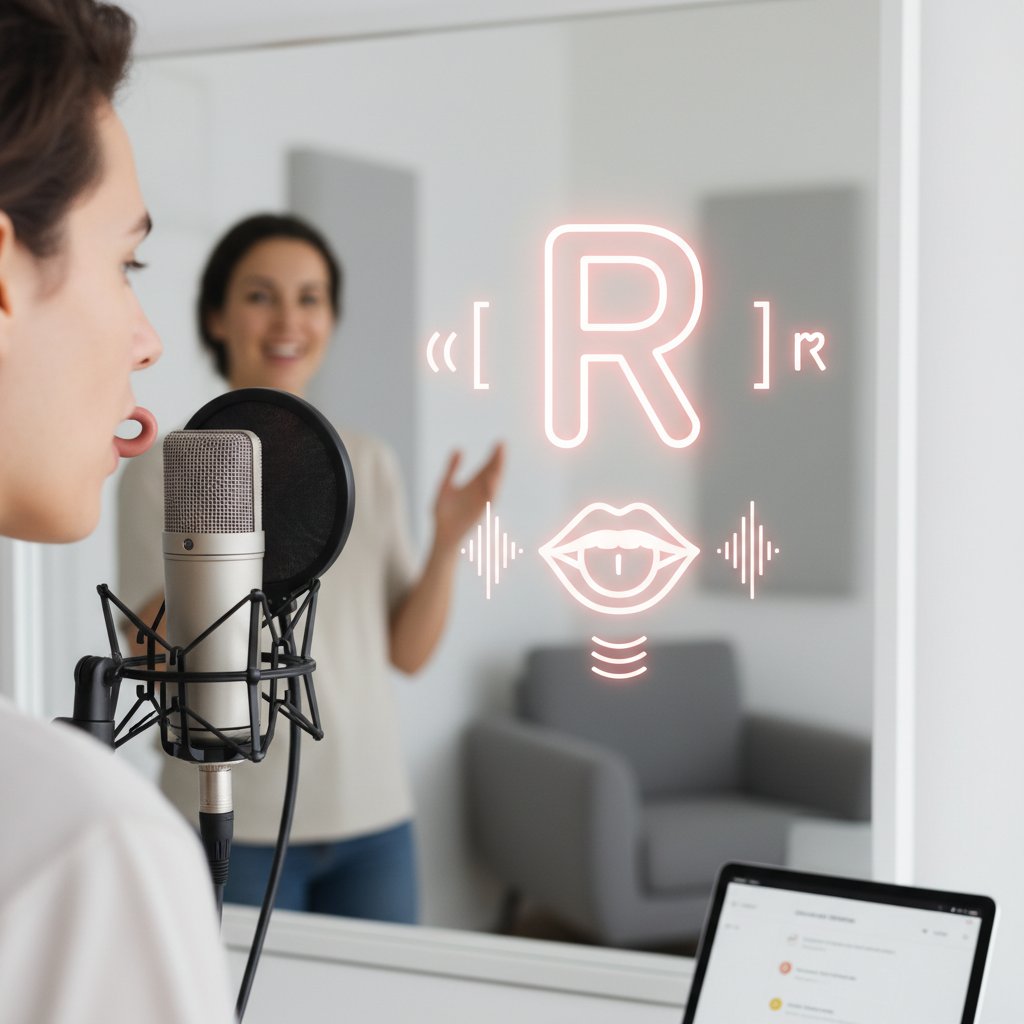 Osoba ćwicząca francuskie „r” z mikrofonem i lusterkiem, skupiona na fonetyce