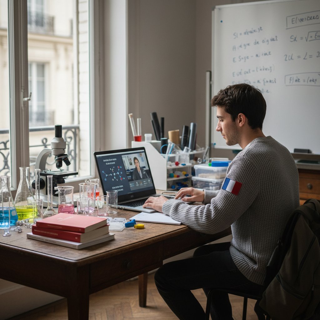 Student korzysta z francuskich materiałów naukowych online na laptopie