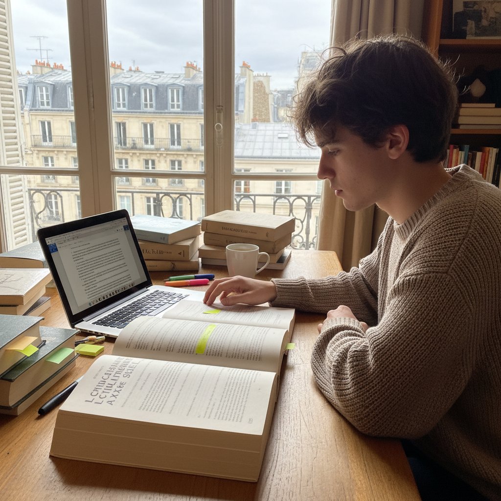 Student analizujący tekst naukowy po francusku, otoczony książkami i laptopem