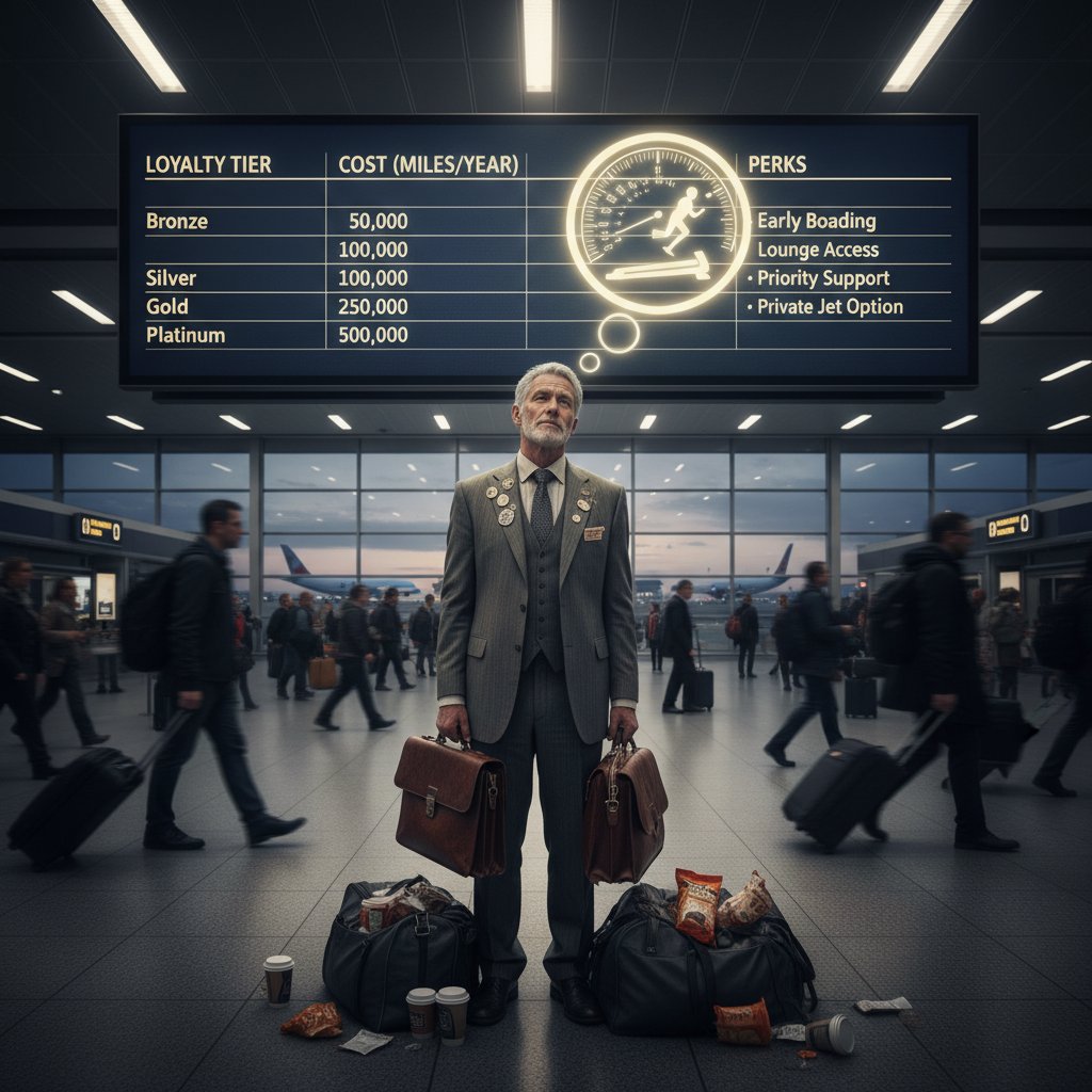 Frequent flyer in business attire staring at airport departure board, symbolizing the cost of loyalty