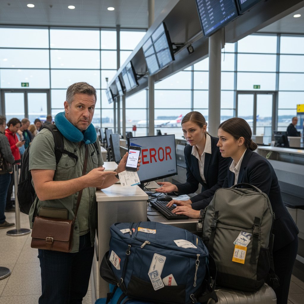 Doświadczony podróżnik popełniający błąd przy odprawie, ilustracja powszechnego błędu nawet wśród frequent flyerów