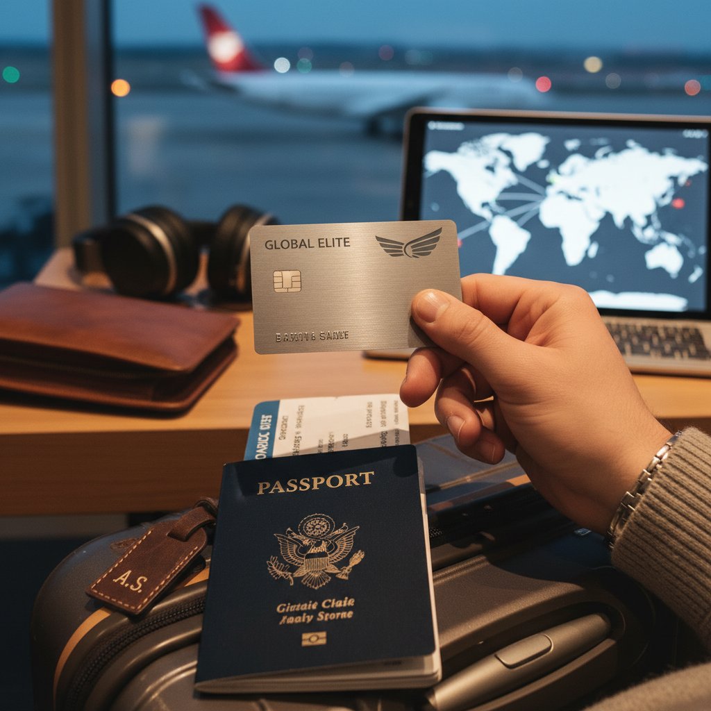 Frequent flyer displaying elite card among fellow travelers, status symbolism in travel culture