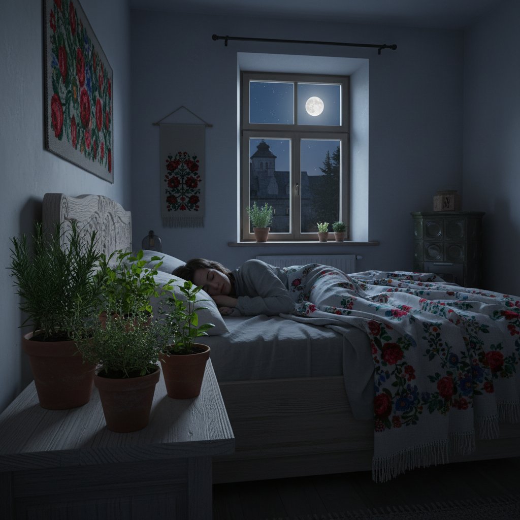 Bukiet świeżych ziół na poduszce, sypialnia nocą, polski klimat