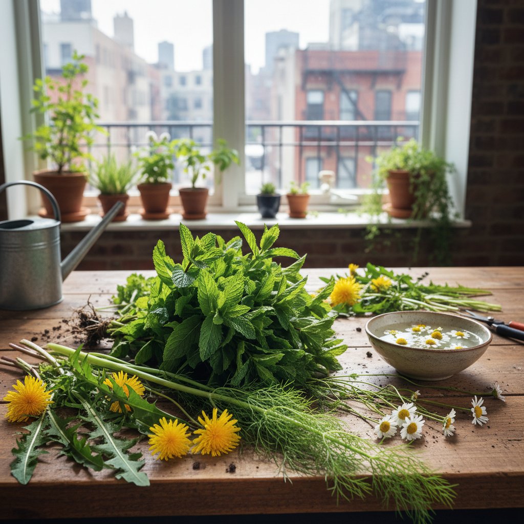 Świeże polskie zioła na stole kuchennym – mięta, rumianek, koper - naturalne sposoby na trawienie