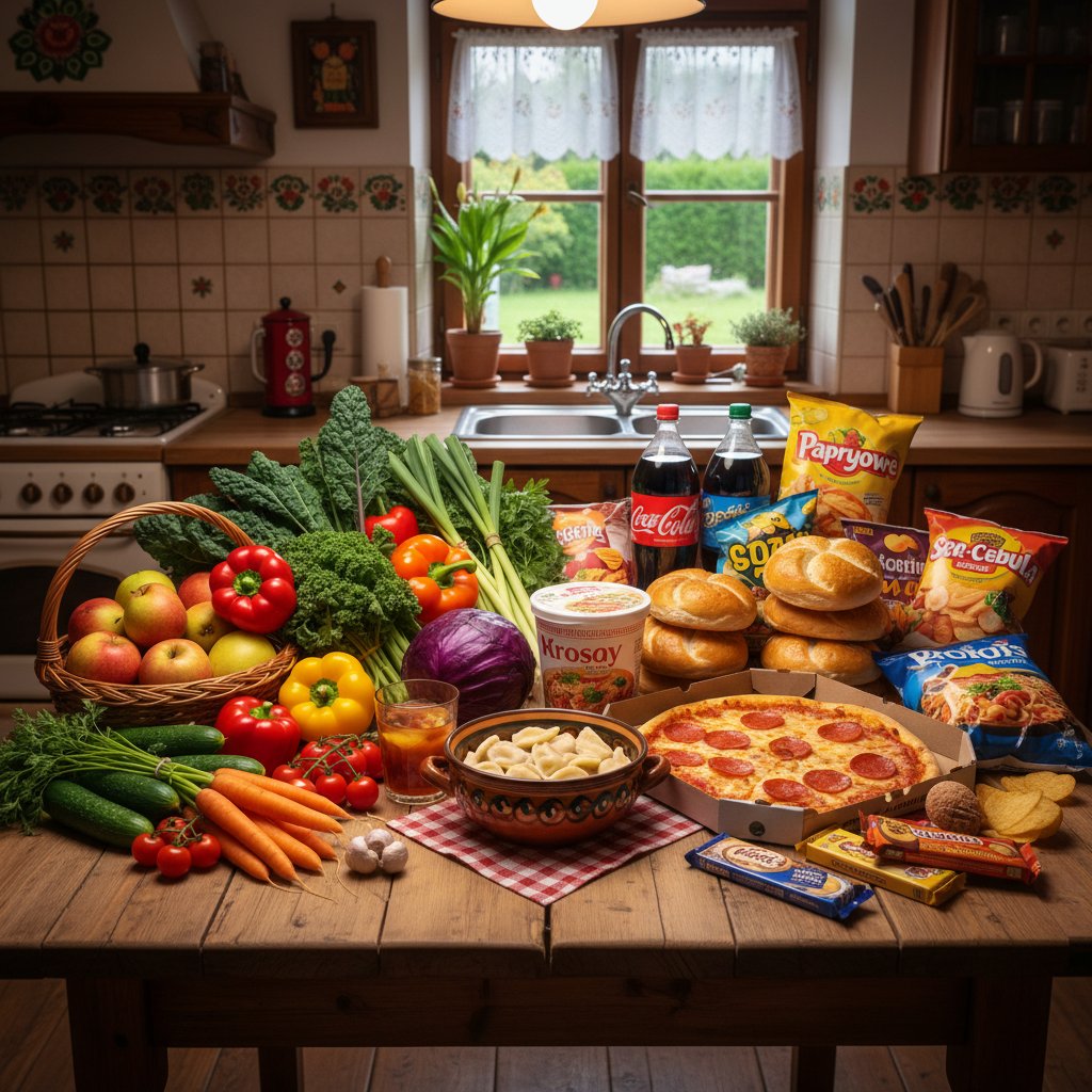 Stół kuchenny w Polsce z warzywami i przetworzoną żywnością – kontrast zdrowia i pokusy