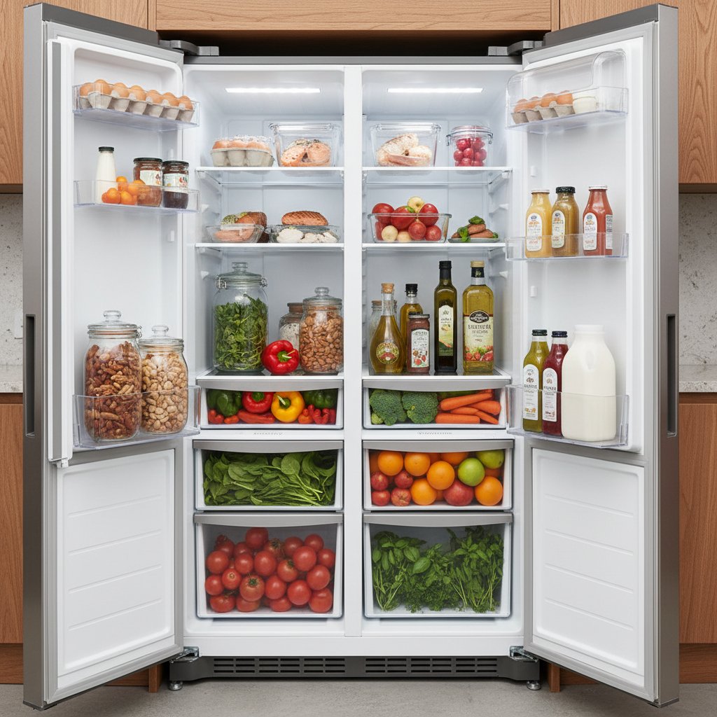 Zdjęcie lodówki pełnej świeżych warzyw, jaj, ryb, orzechów i zdrowych tłuszczów