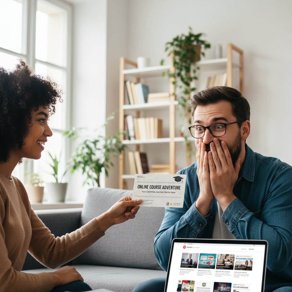 Przyjaciel wręczający voucher na kurs online, zaskoczony i szczęśliwy obdarowany