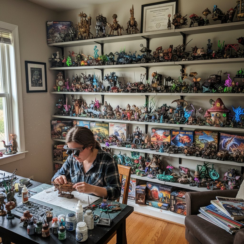 Przyjaciel z nietypowym hobby, np. modelarz przy pracy, półka z kolekcjonerskimi gadżetami