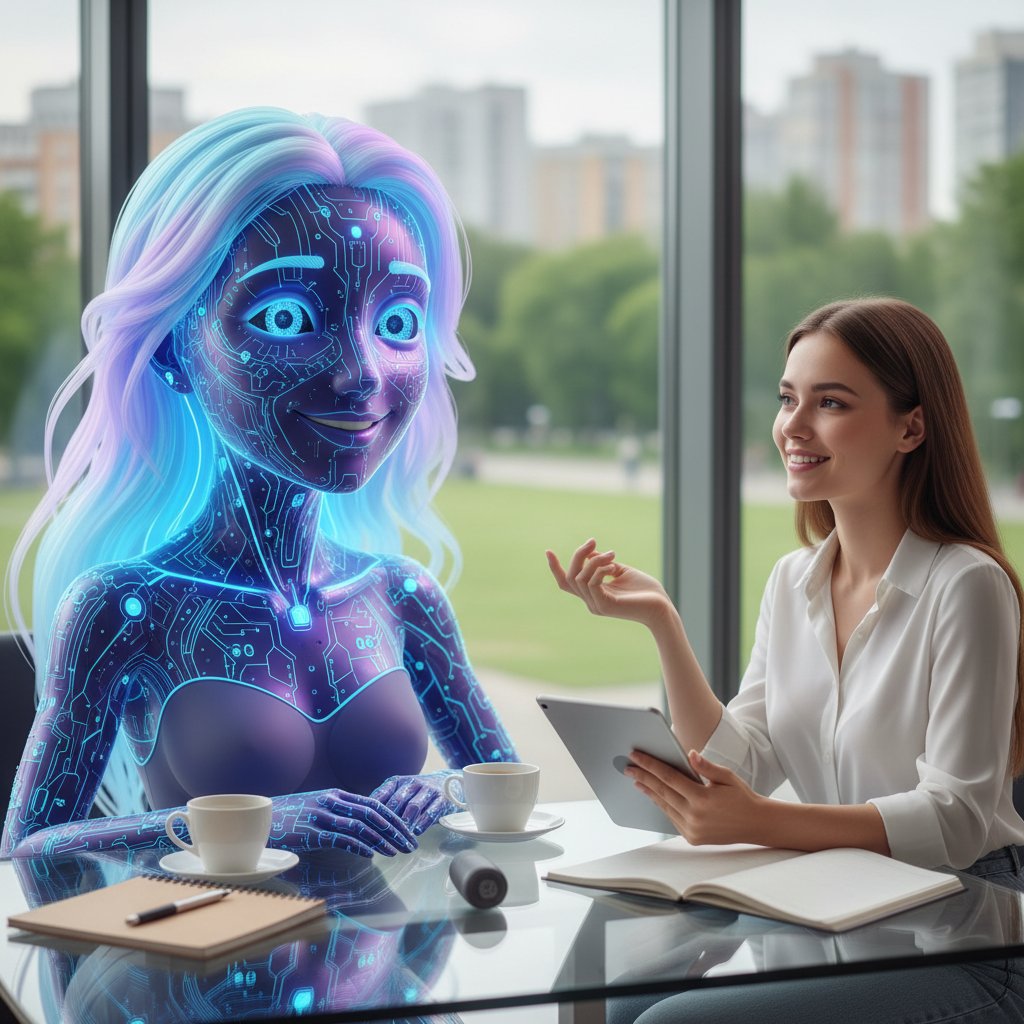 Wirtualny ankieter z przyjazną, ludzką mimiką prowadzi rozmowę z użytkownikiem