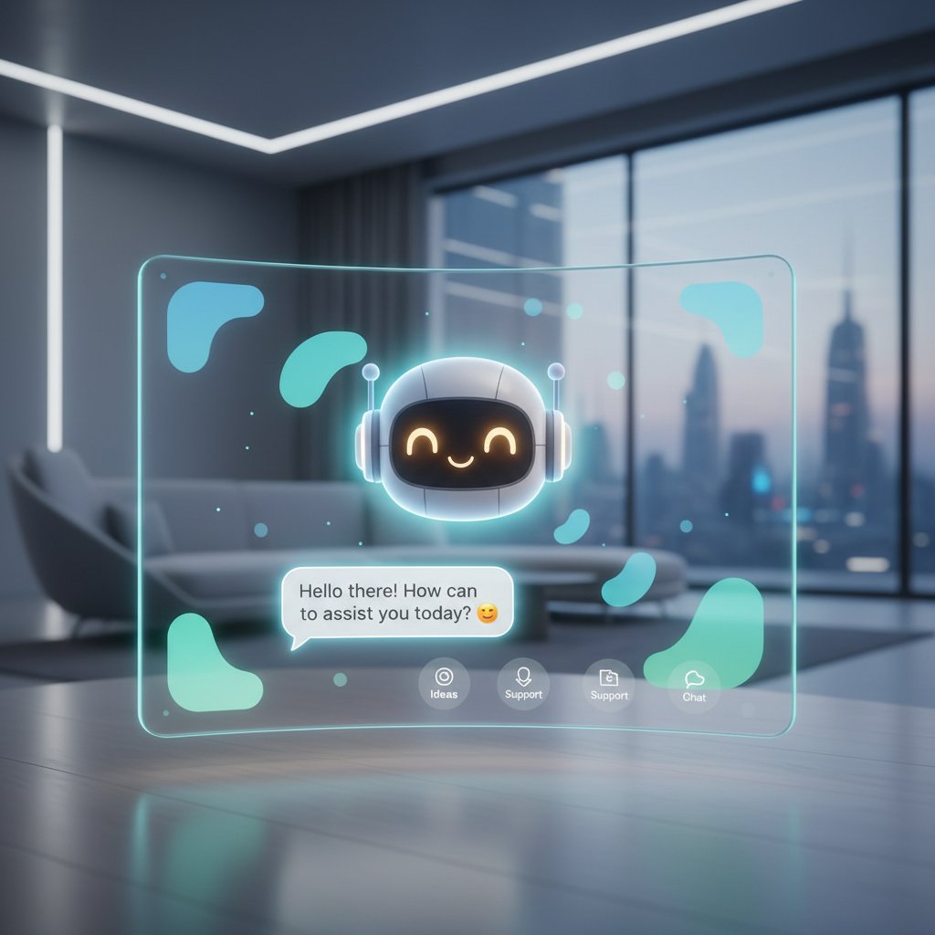 Freundliche KI-Chatpartnerin am Bildschirm, Fokus auf Interaktionsdesign, modernes Ambiente