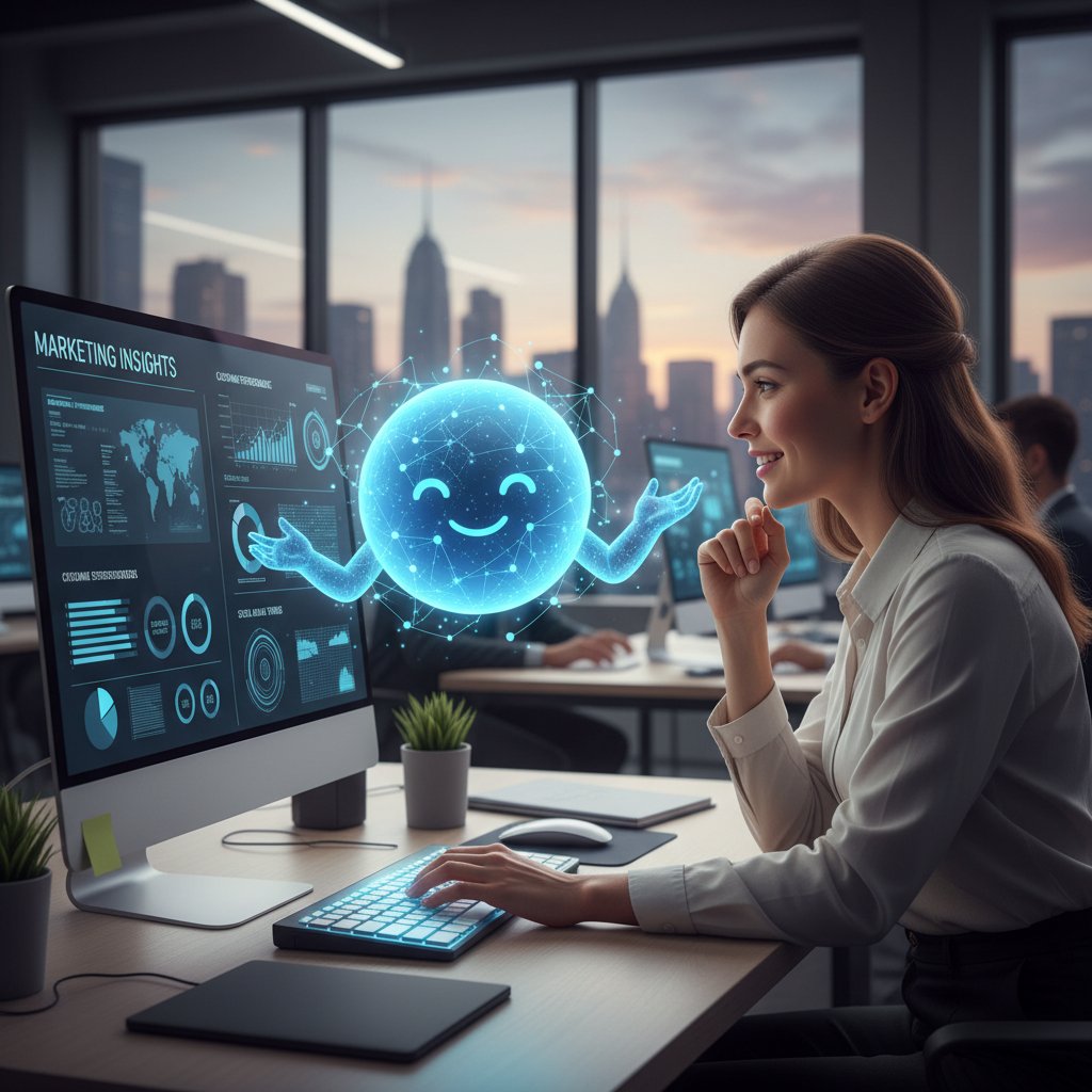 Avatar czatbota AI wspierający marketera przy komputerze, symbol wsparcia ze strony czat.ai