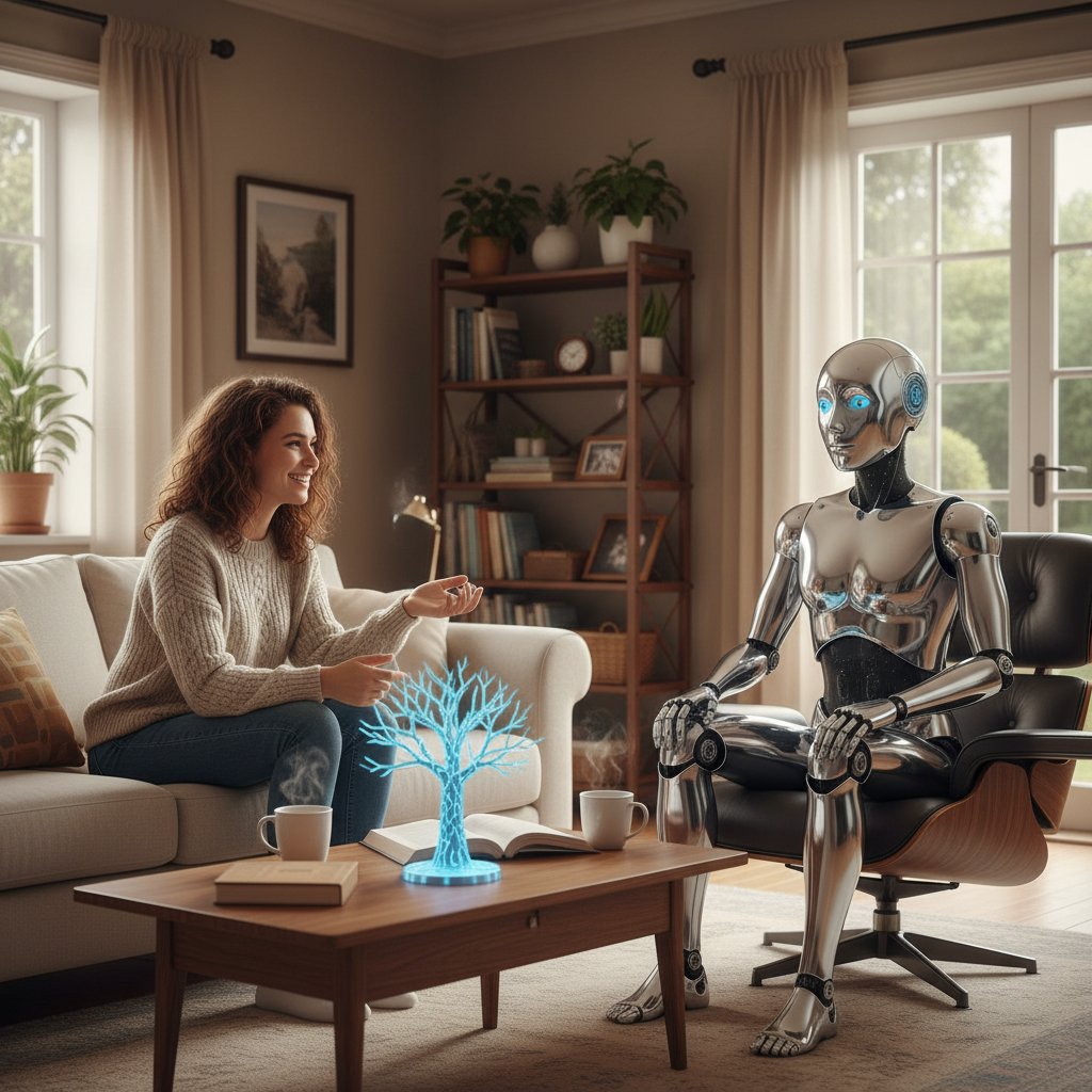 Przyjacielska rozmowa między człowiekiem a AI w domowym otoczeniu