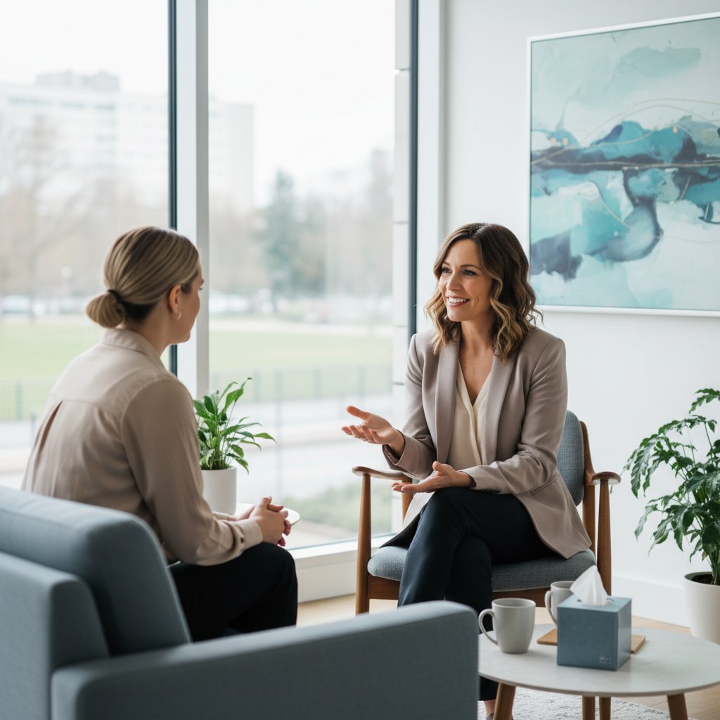 Terapeutka rozmawia z pacjentem w nowoczesnej klinice rehabilitacyjnej