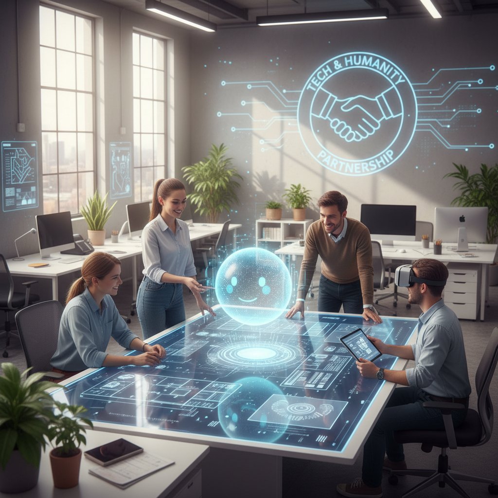 Friendly office environment with AI assistant and team collaborating, balancing technology and humanity