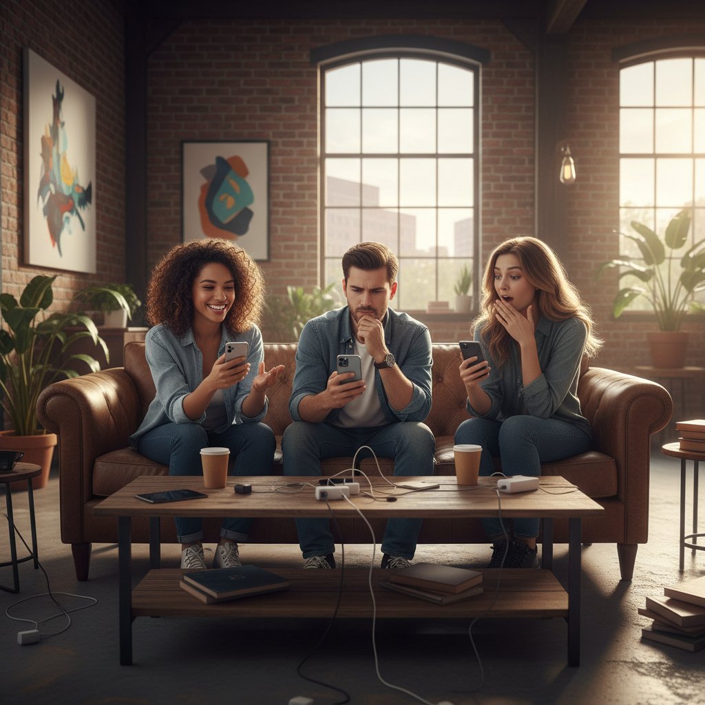 Grupa przyjaciół grająca z AI na smartfonach w miejskim lofcie, alternatywa dla gier, emocje i technologia