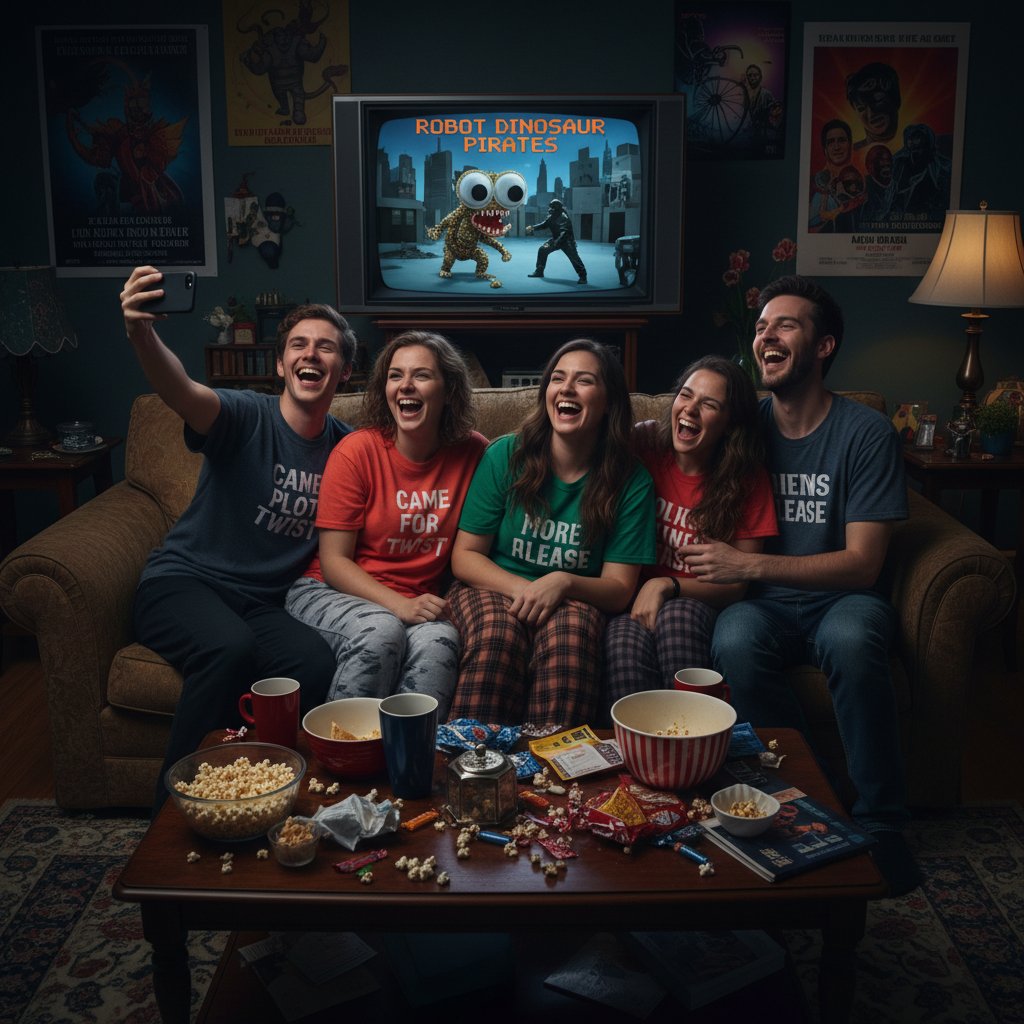 Friends laughing together at a bad movie night, group selfie, everyone enjoying the worst movies in a fun social setting
