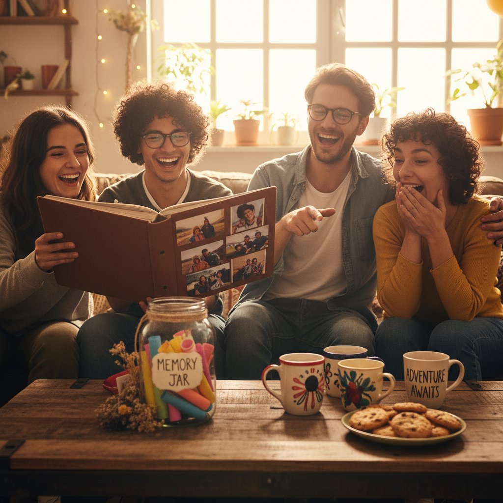 Grupa przyjaciółek wspominająca najlepsze prezenty, śmiech i wspólne zdjęcia