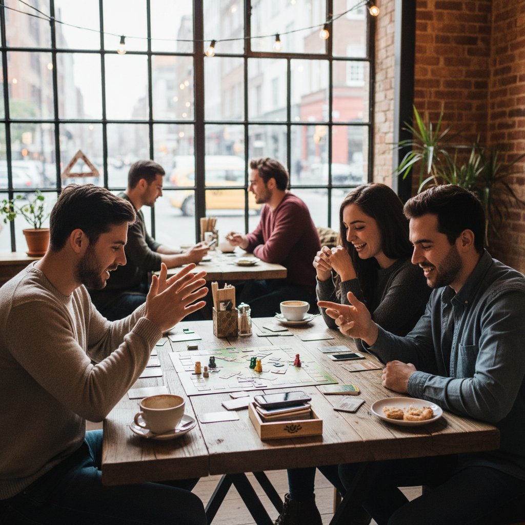 Grupa młodych ludzi gra w planszówki w miejskiej kawiarni, bez telefonów, rozrywka offline