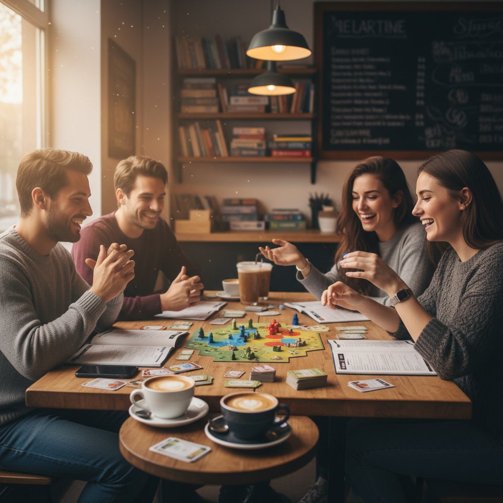 Grupa przyjaciół grająca w planszówkę w kawiarni – powrót do analogowej rozrywki