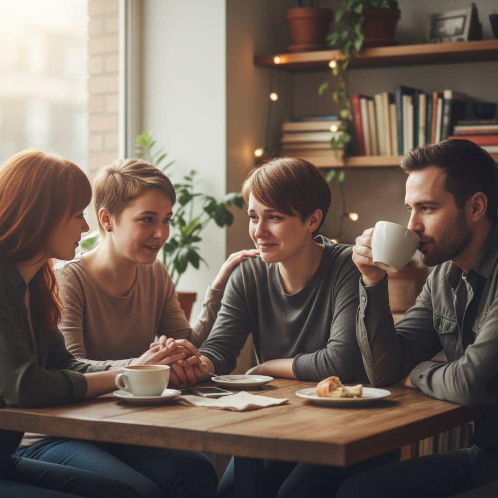 Para przyjaciół siedzących twarzą w twarz, otwarcie rozmawiających, kawiarnia