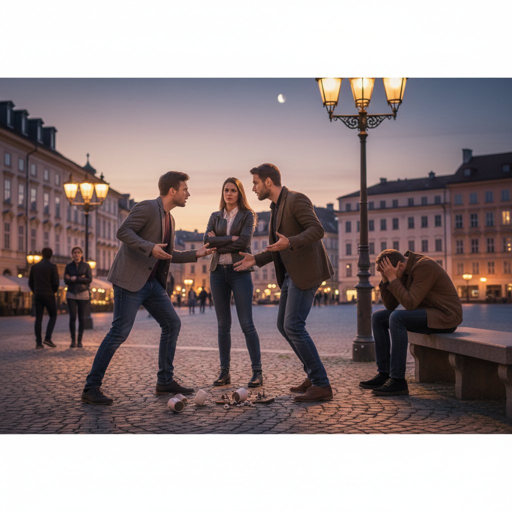 Scena z serialu – kilku przyjaciół w konflikcie podczas wspólnego wieczoru, dynamiczny kadr