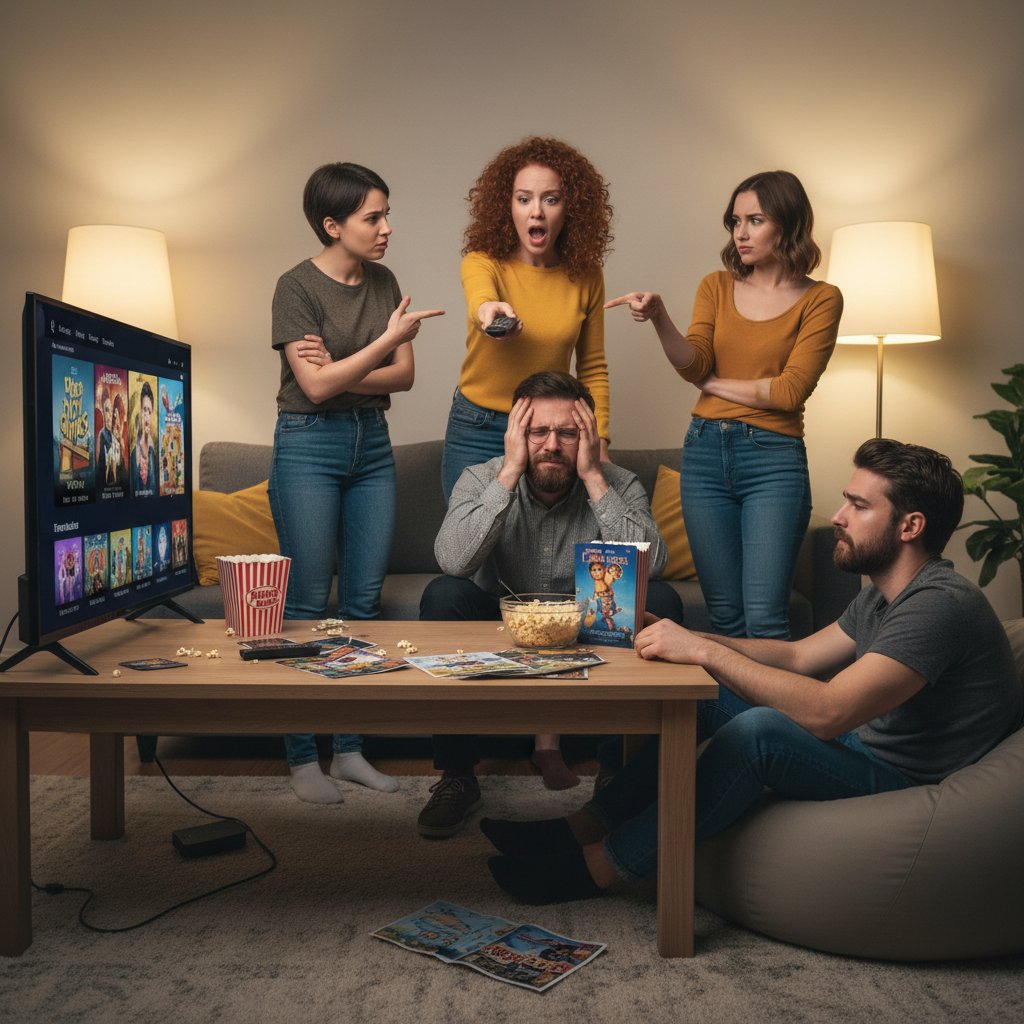 A group of friends debating over tough movie choices, expressive faces, movie painful truth