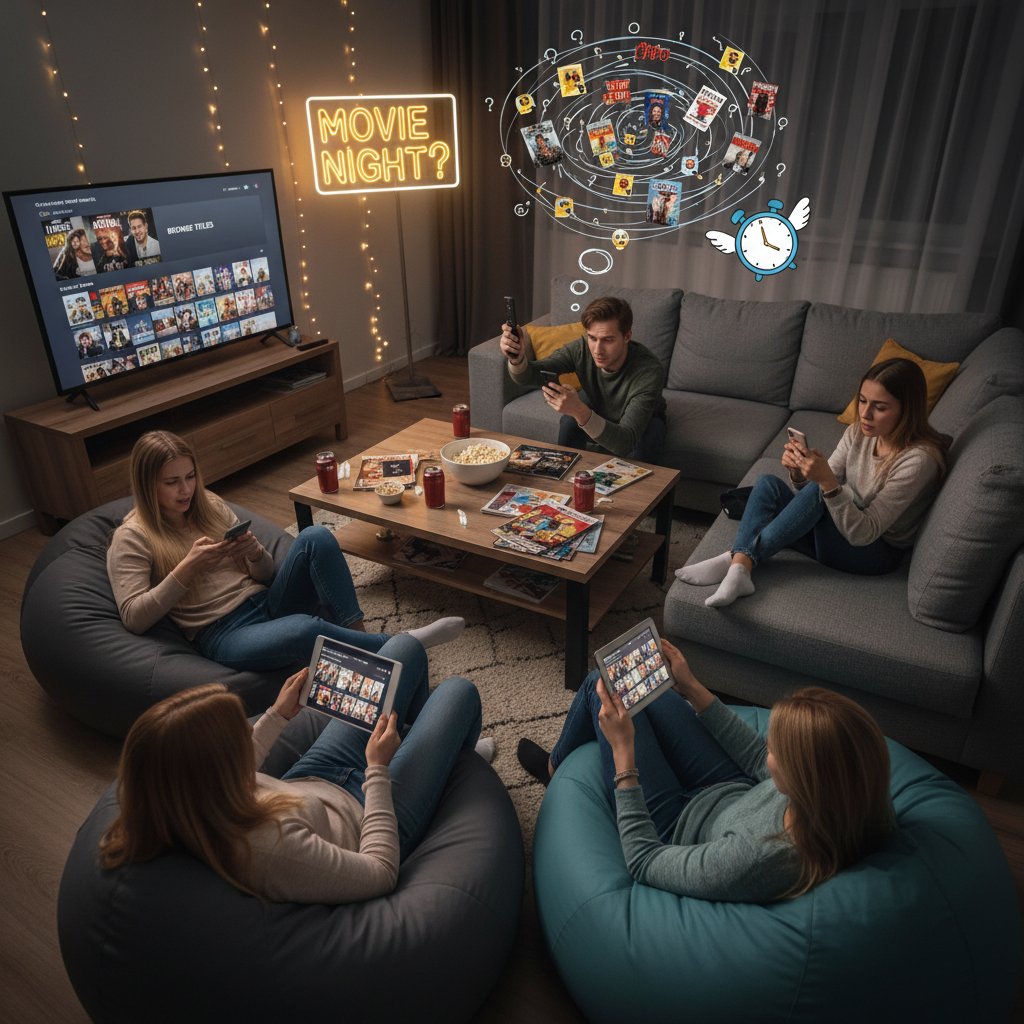 A group of friends looking frustrated around a TV with movie options on screen, symbolizing decision fatigue during movie night