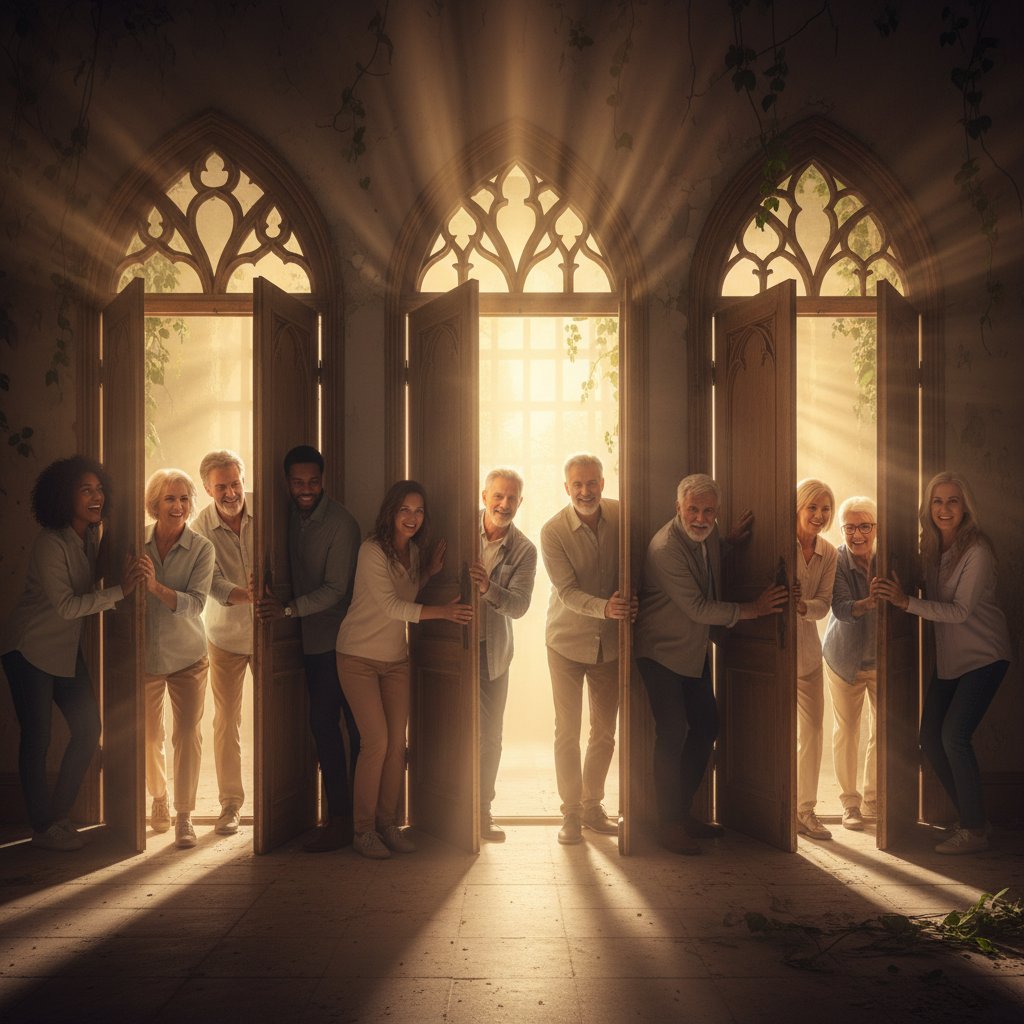 Grupa przyjaciół w różnym wieku rozmawia i śmieje się, otwarte drzwi, symboliczne światło