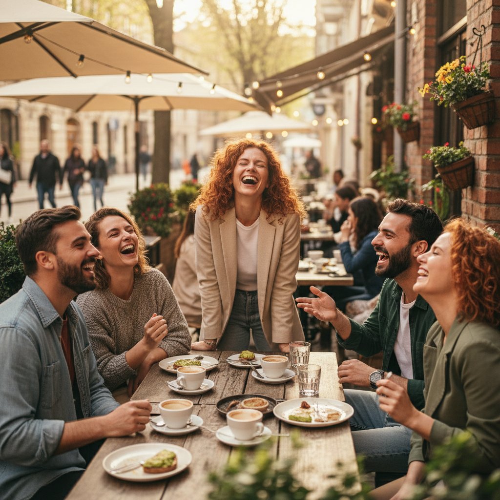 Praktyczny rezonans limbiczny podczas spotkania towarzyskiego – grupa przyjaciół śmiejąca się razem