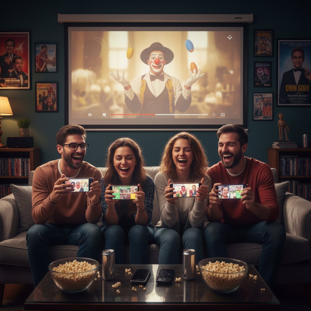 Photo of a group of friends laughing at meme-filled smartphones, representing meme culture’s impact on comedy