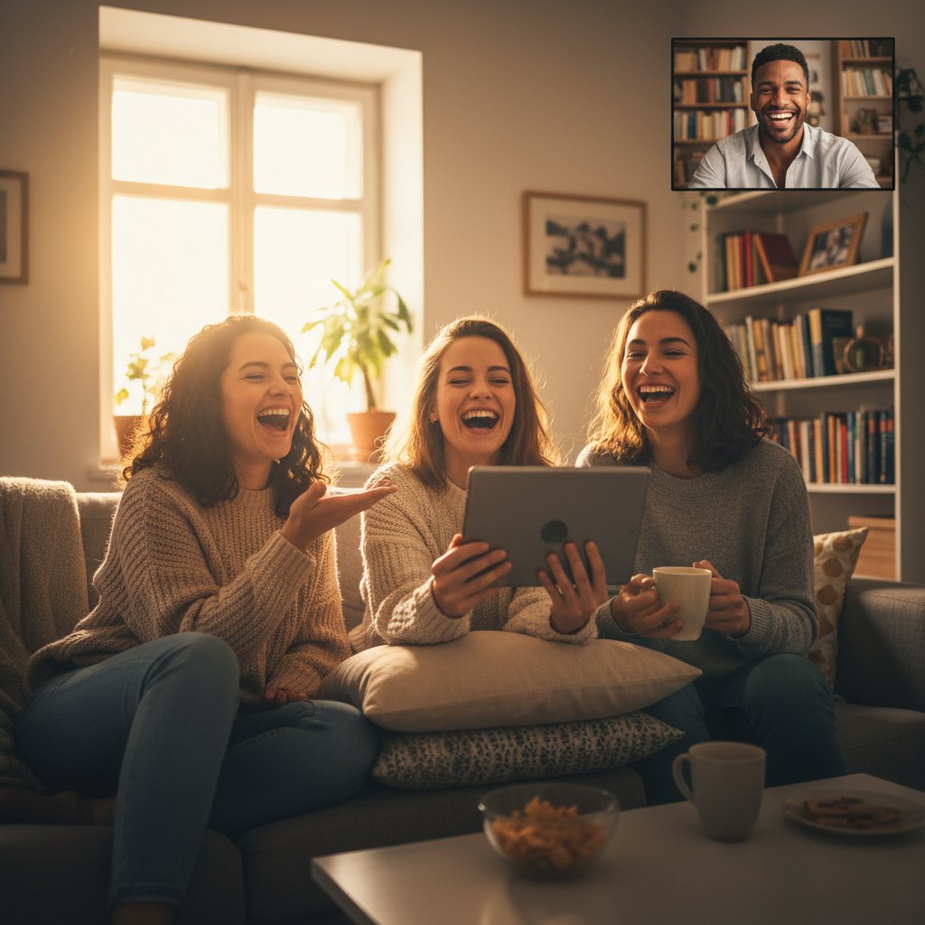 Para przyjaciół śmiejących się razem podczas wideorozmowy w domowym zaciszu, wieczorne światło