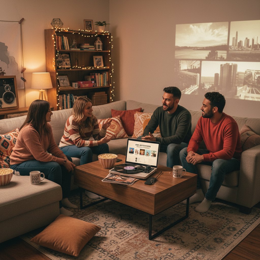 Friends gathered in living room, building a personalized movie soundtrack playlist, lively conversation