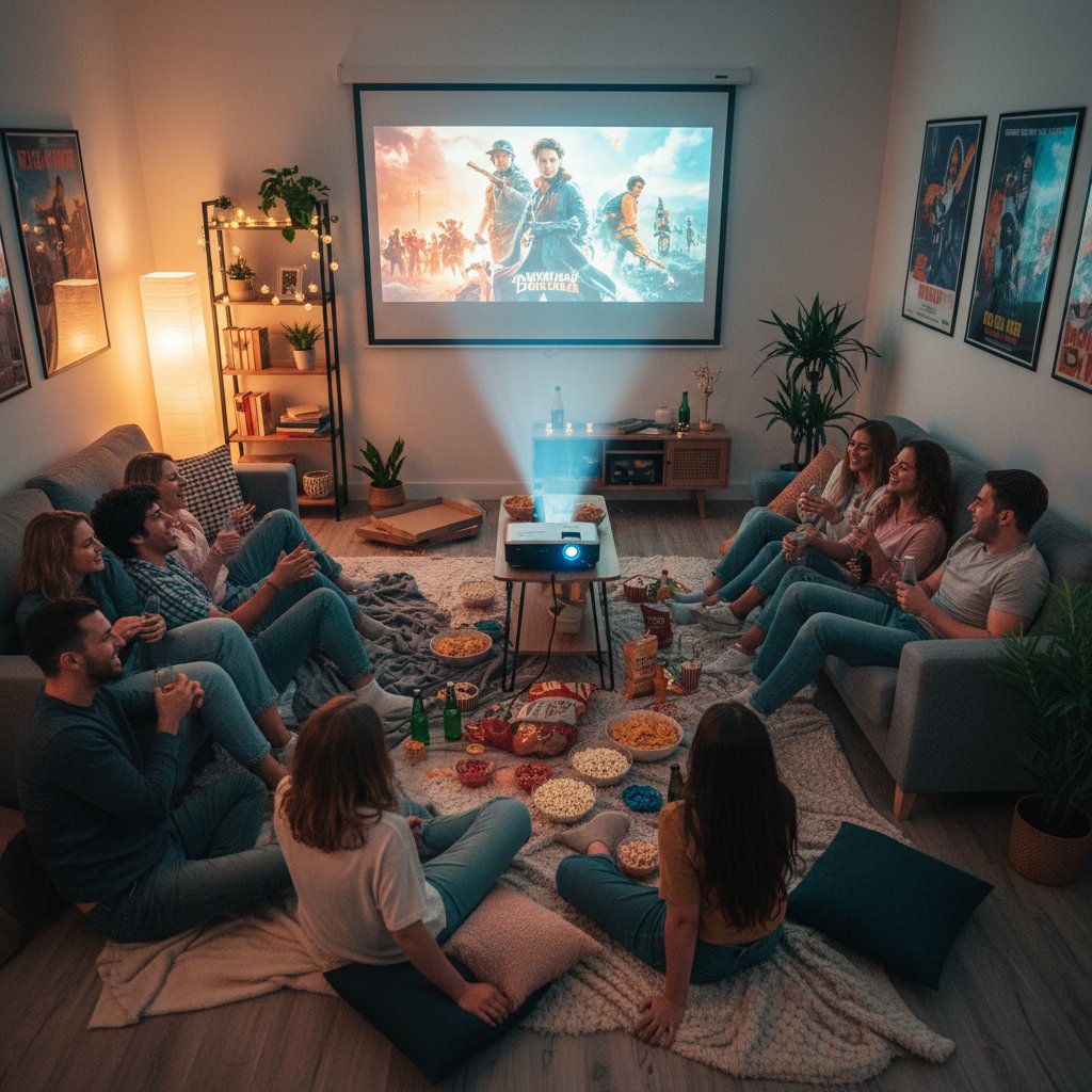 Friends gathered in a cozy living room with projector, snacks, and vintage movie posters on the wall, warm lighting, lively mood, 16:9, referencing a portmanteau movie night