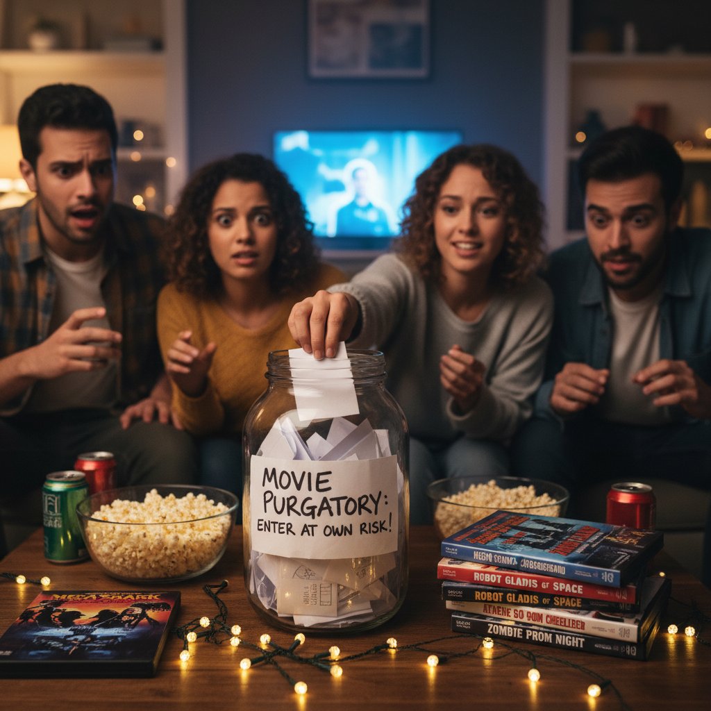 Friends pulling movie titles from a jar for a spontaneous pick, illustrating movie night decision hacks for movie purgatory movies