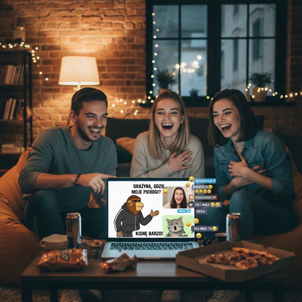 Grupa młodych ludzi śmieje się podczas rozmowy online, na ekranie widoczne polskie memy i slang