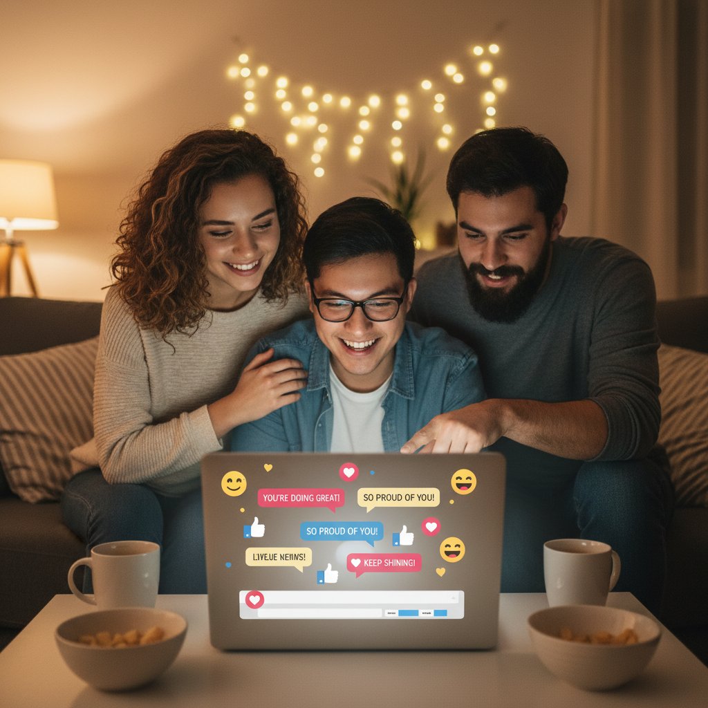 Przyjaciele rozmawiający online, pozytywna atmosfera wsparcia